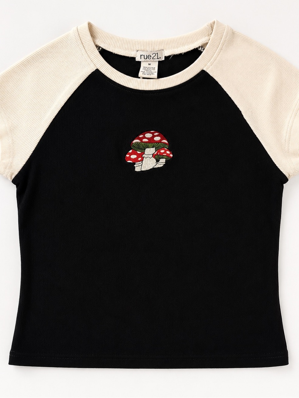 Rue21 Black & Cream Raglan Crop Top with Red Mushroom Embroidery